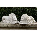 Garden Sculpture:‡After Canova: A pair of carved marble reclining lions 
late 19th/early 20th