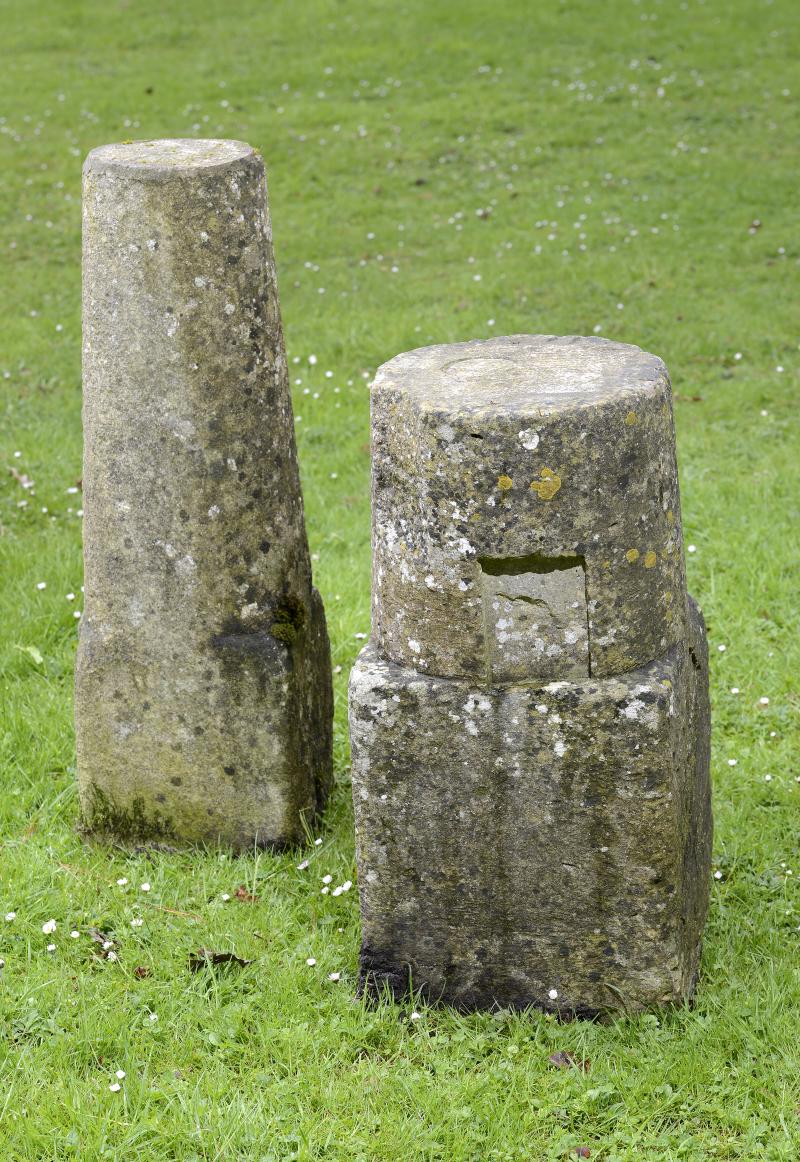 A pair of carved sandstone gatepier bases  early 19th century 87cm.; 34ins high, together with two