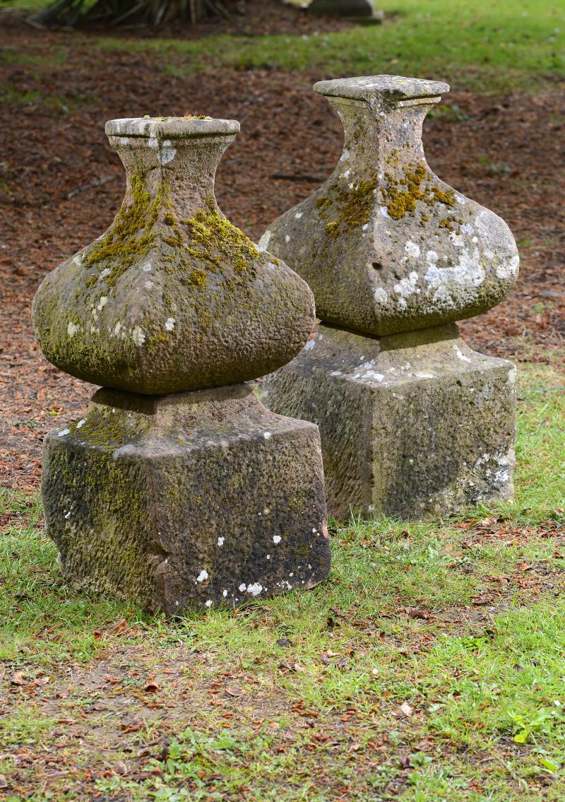A pair of carved sandstone gatepier bases  early 19th century 87cm.; 34ins high, together with two - Image 2 of 2