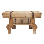 A Reclaimed pine Butcher's type table carved cabriole legs with draw and original metal stud