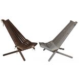 A pair of hardwood Folding Swiss Deck Chairs 100cm.; 39½ins high by 90cm.; 35½ins wide by 62cm.; 24½