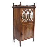 An Edwardian mahogany Marquetry inlaid Music Cabinet   with ornate frieze and finials together