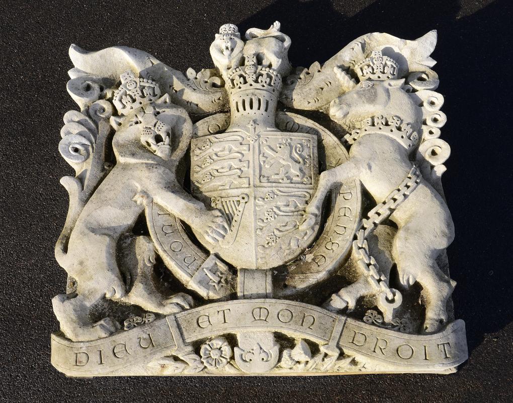 A monumental carved Portland stone Royal Coat of Arms  1950’s 168cm.; 66ins square