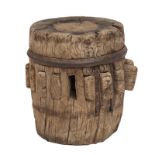 A Teak Ox Cartwheel stool   formed from centre wheel Axel 40cm.; 16ins high by 35cm.; 14ins wide