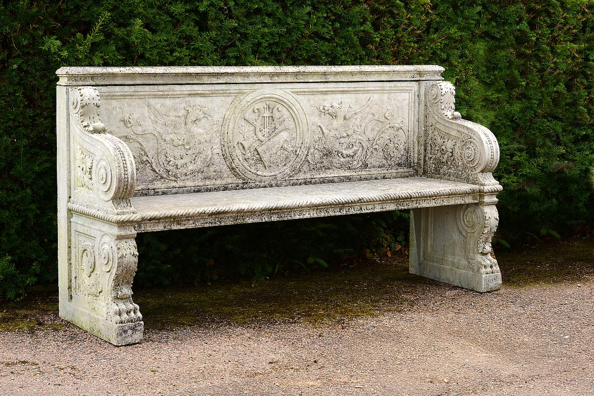 Garden Seat: A carved white marble seatItalian, circa 1900205cm.; 80½ins wideUnusually, despite