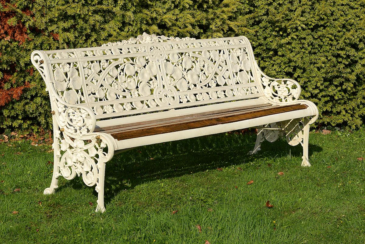 Garden Seat: A Coalbrookdale Nasturtium pattern cast iron seatlast quarter 19th centuryfully