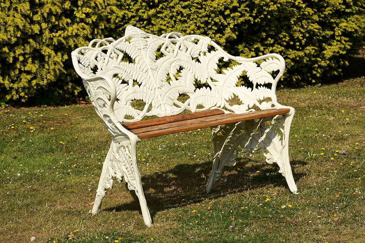 Garden Seat: A rare small Coalbrookdale Fern and Blackberry pattern cast iron seatlast quarter