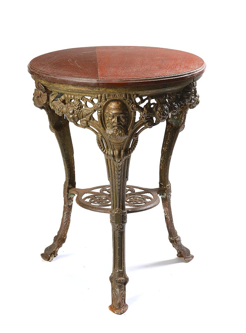 Garden Table: A rare WG Grace cast iron pub tablelate 19th centurywith mahogany top60cm.; 24ins