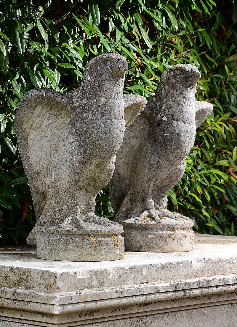 Gate Pier: A pair of unusual composition stone gate pier FalconsNorthern European, 1st half 20th