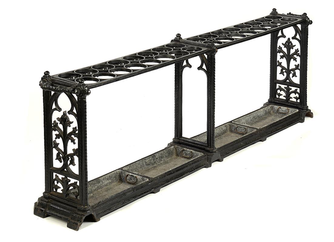A rare Coalbrookdale cast iron double stick standcirca 1870with later zinc drip trays177cm.; 70ins