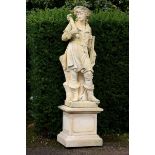 Garden Statuary: A carved limestone figure in 18th century dress on pedestal   Italian,  last