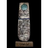 Sculpture: Peter Hayes  Raku  Standing stone with copper disc,  stoneware ceramic on wooden base