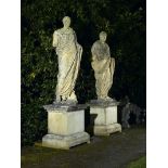 Garden Statuary: A similar composition stone Roman Senator on pedestal   2nd half 20th century