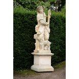 Garden Statuary: A carved limestone figure in 18th century dress on pedestal   Italian,  last