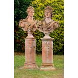 Garden Statuary: A pair of terracotta busts of Apollo and Diana on pedestals   Italian,  2nd half