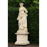 Garden Statuary: A carved limestone figure in 18th century dress on pedestal   Italian,  last