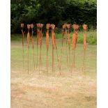 Garden Sculpture: A collection of 21 wrought iron tulips  modern 142cm.; 56ins high