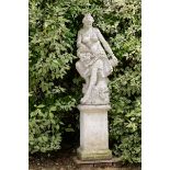 Garden Statuary: A composition stone figure of a girl seated on a tree trunk  2nd half 20th century