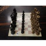 hand carved wooden chess set + board