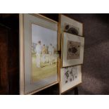 3 prints of insects & 2 sporting prints