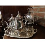 silver plated spirit kettle + coffee set on tray