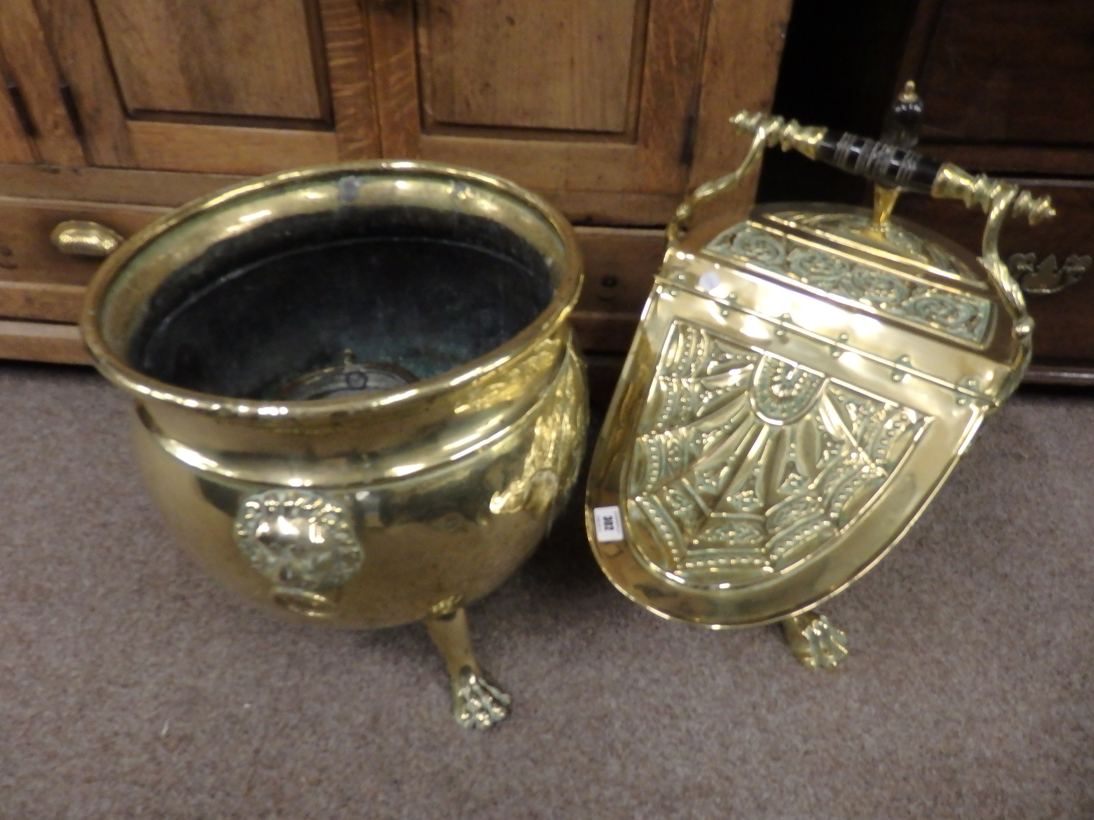 brassed coal scuttle + shovel+ large urn+ planter