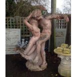 ITALIAN ROMANTIC SCHOOL A life size rouge marble  carved statue A loving couple on a rocky base.