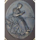 A 20TH CENTURY FRENCH BRONZE OVAL PLAQUE IN RELIEF Saint Genevi?ve, Priez P. La France, contained in