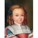 A 17TH CENTURY OIL ON CANVAS Portrait of a young girl wearing a silk dress, enclosed by a faux