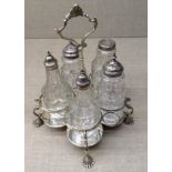 A GEORGIAN SILVER FIVE PIECE CRUET STAND 'I.D.'(?), London, 1763, complete with five matching cut