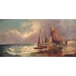 LINNIE WATT, 1880 - 1907, OIL ON CANVAS Coastal scene, with fishing boats in foreground and a