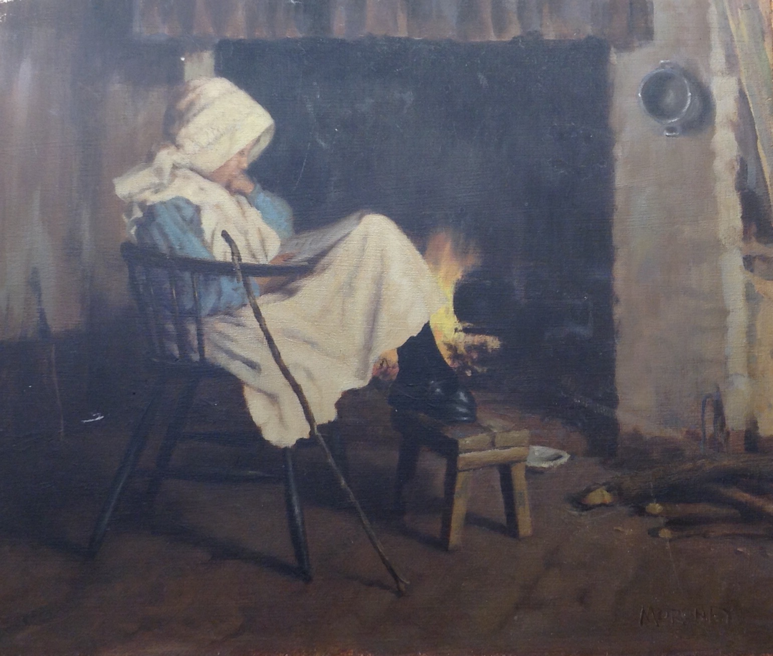 KEN MORONEY, ANGLO-IRISH, 20TH CENTURY, OIL ON BOARD A young girl seated by a cottage fireplace,