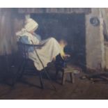 KEN MORONEY, ANGLO-IRISH, 20TH CENTURY, OIL ON BOARD A young girl seated by a cottage fireplace,