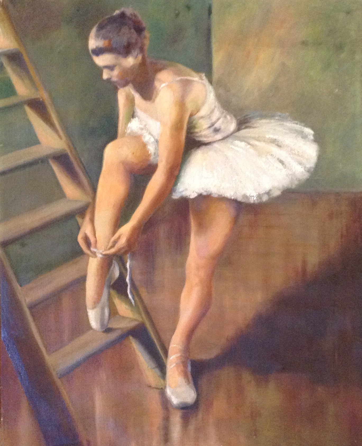 A 20TH CENTURY OIL ON CANVAS A ballerina fastening her shoe, unsigned. (approx 66cm x 81cm)