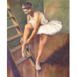 A 20TH CENTURY OIL ON CANVAS A ballerina fastening her shoe, unsigned. (approx 66cm x 81cm)