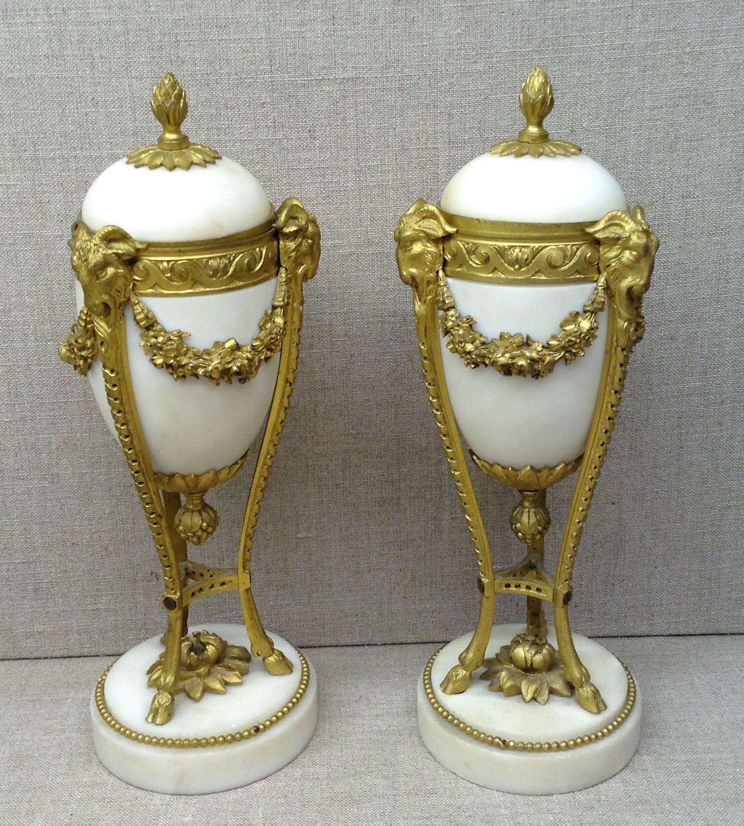 A PAIR OF 19TH CENTURY URN SHAPED CASSOLETTE CANDLESTICKS Having white marble and gilt bronze - Image 2 of 2