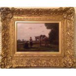 A 19TH CENTURY OIL ON CANVAS Little girls with a donkey, contained in a good heavy gilt frame. (65cm