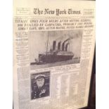 'SINKING OF THE TITANIC' A reproduction print, front page, The New York Times, framed and glazed.