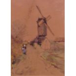 THOMAS NICOLET, A PAIR OF WATERCOLOURS  Figures on a path with a windmill, gilt framed and