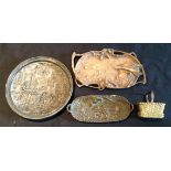A COLLECTION OF FOUR 19TH CENTURY FRENCH BRONZE ITEMS To include a circular charger, embossed with a