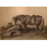 EDWIN HENRY LANDSEER, A 19TH CENTURY BLACK AND WHITE ENGRAVING  Of a horse and poacher, gilt