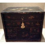 A 19TH CENTURY JAPANNED TABLE TOP FITTED JEWELLERY BOX With multi drawers, brass handles and