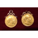 TWO EDWARDIAN GOLD SOVEREIGNS Dated 1907 and 1909, contained in gold mounts.