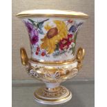 AN EARLY 19TH CENTURY DERBY PORCELAIN TWIN HANDLED CAMPANA VASE Hand painted with a floral