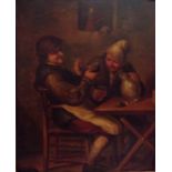 A 19TH CENTURY OIL ON TINMedieval tavern scenes, gilt framed.