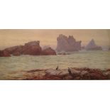 FRANK WALTON, 1840 - 1928, WATERCOLOUR Seascape, Cornish coast, framed and glazed.  (75cm x 34½cm)