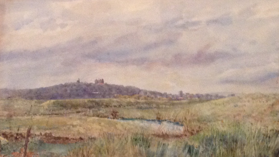 A 20TH CENTURY WATERCOLOUR Landscape, Rye, Sussex, gilt framed.