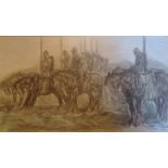 ANTON LOCK, PENCIL HEIGHTENED WITH COLOUR Titled 'Henry V', a knight on horseback, bearing a