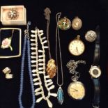 A JEWELLERY BOX Comprising a 14ct gold cross, silver, two vintage gentleman's pocket watches, a