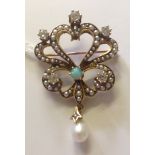 A 20TH CENTURY YELLOW METAL, DIAMOND, OPAL AND PEARL BROOCH Set with five round cut diamond, a